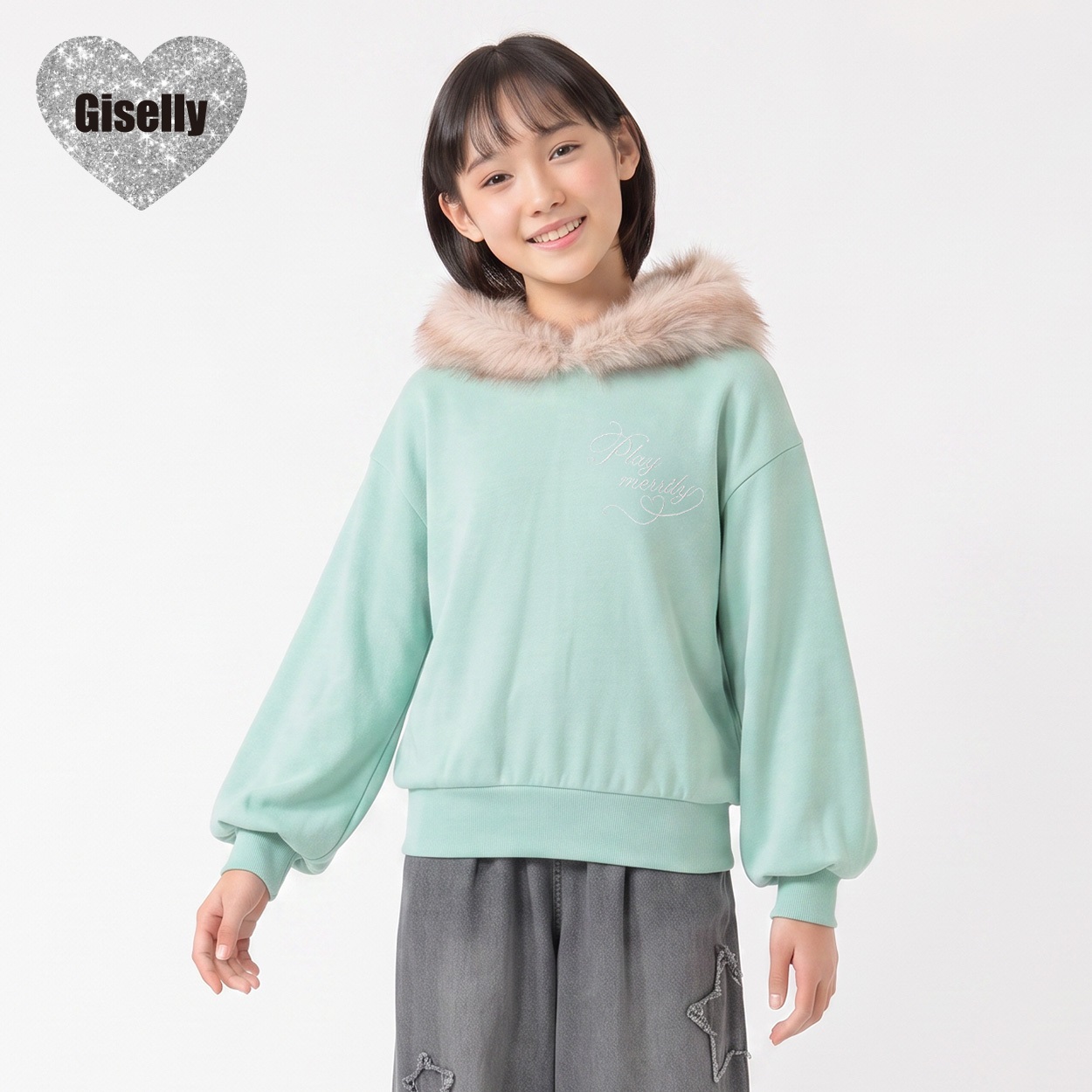 Giselly(ジゼリー) フードファー使いパーカープルオーバー キッズ 女の子 130cm-160cm(グリーン-130cm)