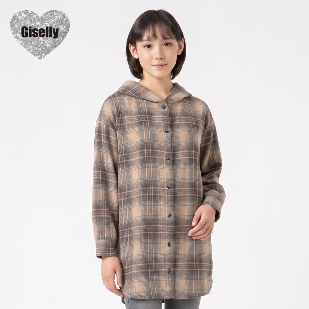 Giselly(ジゼリー) チェックフードシャツ キッズ 女の子 130cm-160cm(ブラウン-130cm)