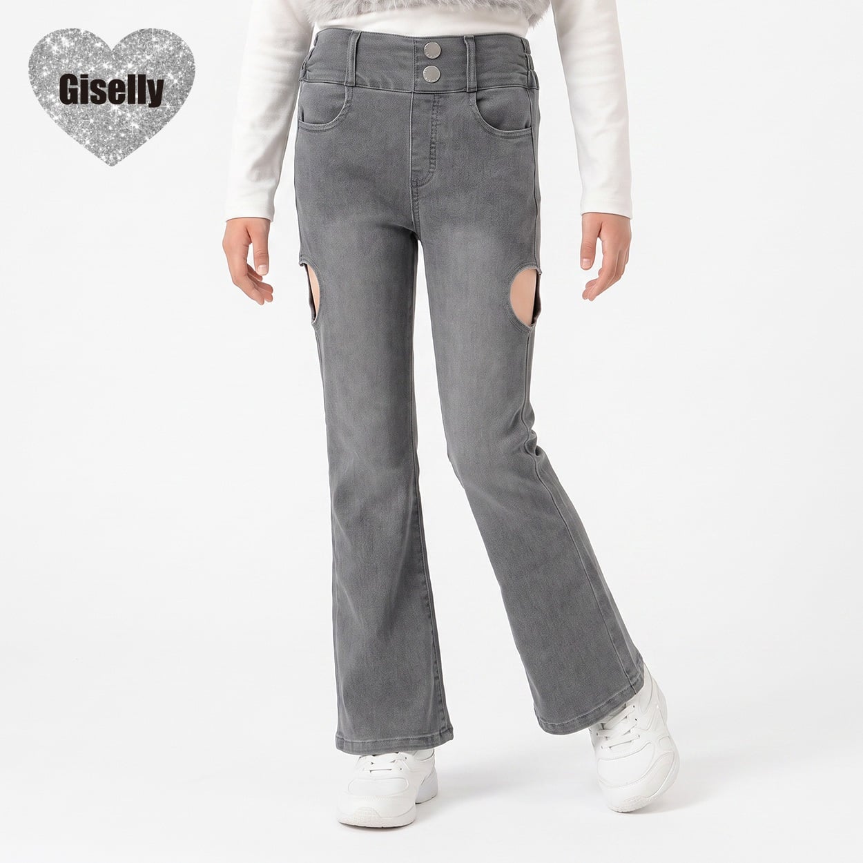 Giselly(ジゼリー) ハートカットアウトフレアデニム キッズ 女の子 130cm-160cm(グレー-130cm)