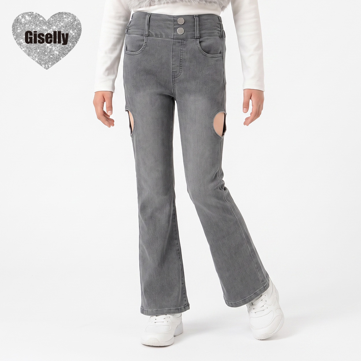Giselly(ジゼリー) ハートカットアウトフレアデニム キッズ 女の子 130cm-160cm(グレー-140cm)