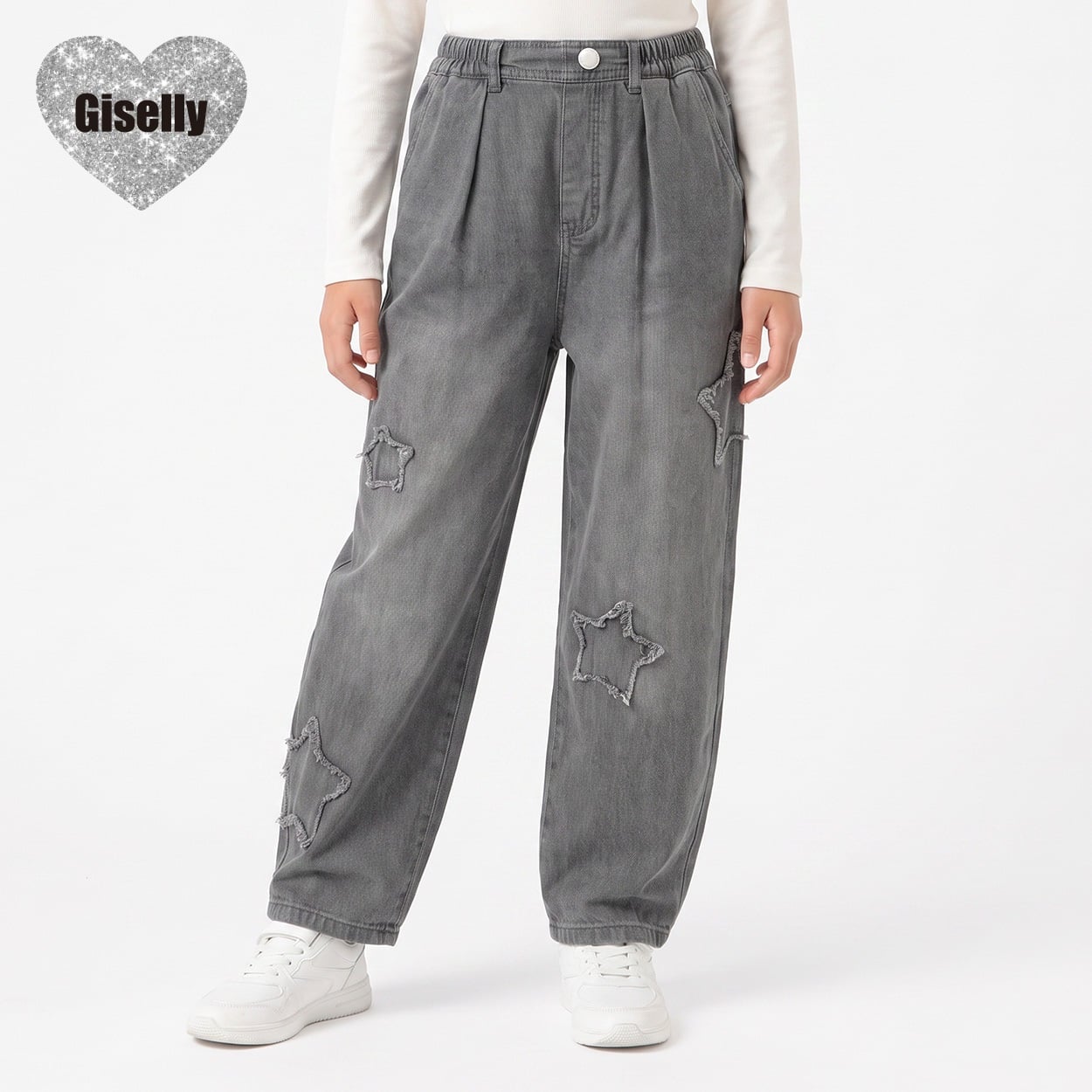 Giselly(ジゼリー) 裾2WAYアップリケデニム キッズ 女の子 130cm-160cm(グレー-150cm)