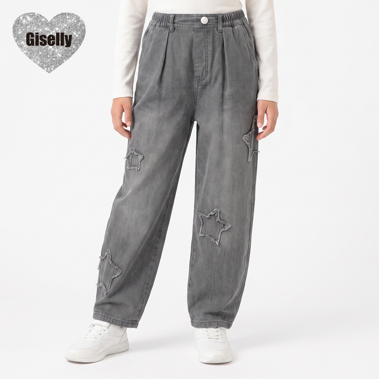 Giselly(ジゼリー) 裾2WAYアップリケデニム キッズ 女の子 130cm-160cm(グレー-160cm)