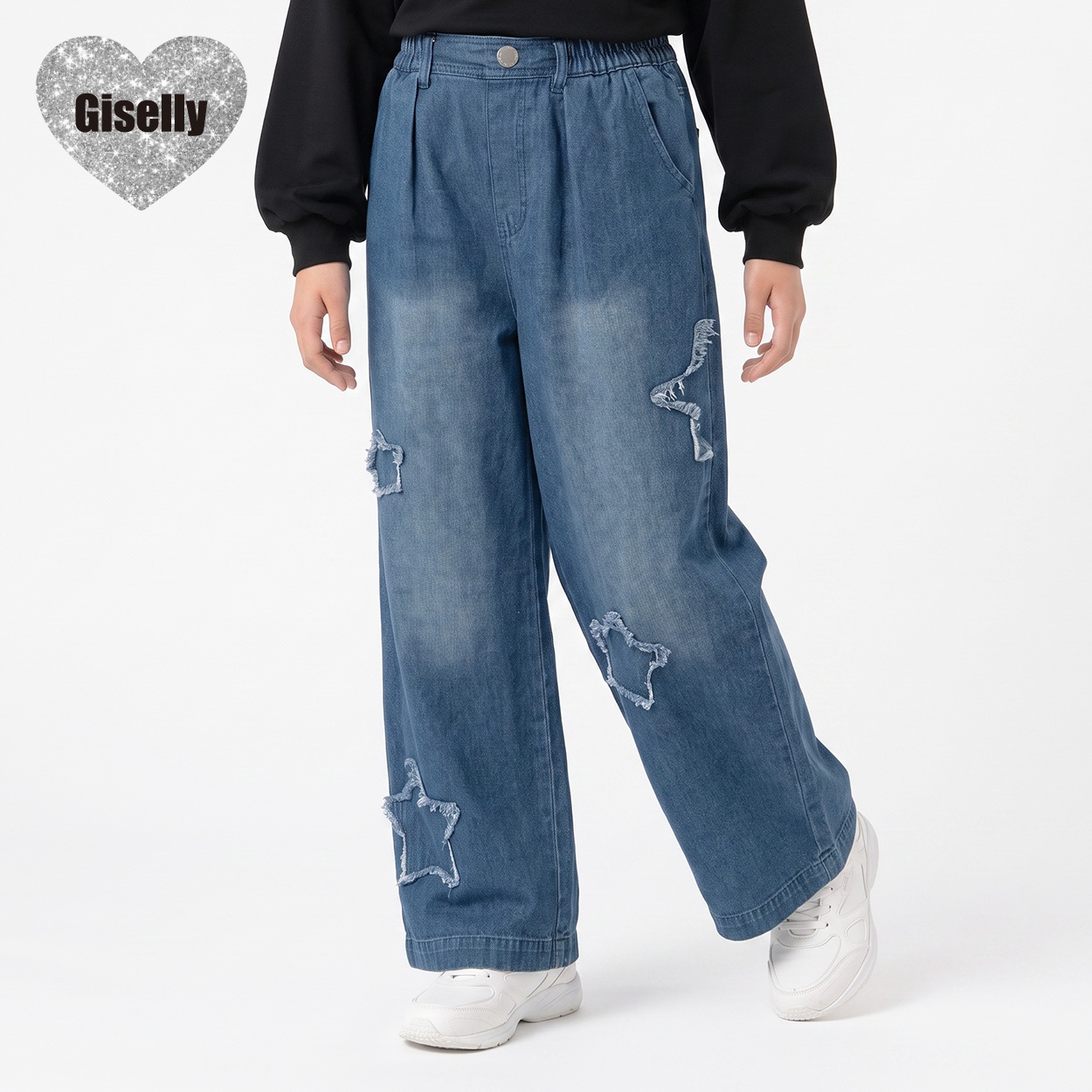 Giselly(ジゼリー) 裾2WAYアップリケデニム キッズ 女の子 130cm-160cm(ブルー-160cm)