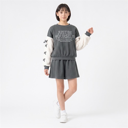 シャガード袖リボンスーツセットアップ キッズ 女の子 130cm-160cm(ブラック-130cm)