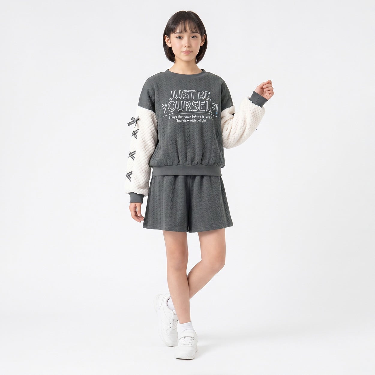 シャガード袖リボンスーツセットアップ キッズ 女の子 130cm-160cm(ブラック-140cm)