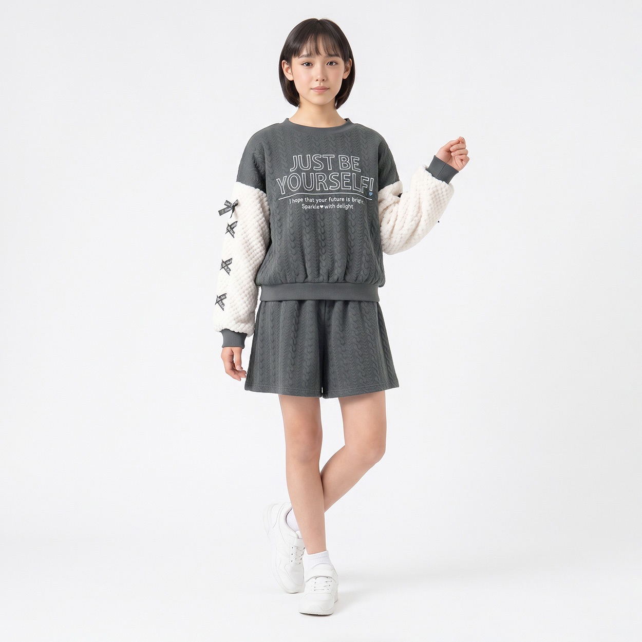 シャガード袖リボンスーツセットアップ キッズ 女の子 130cm-160cm(ブラック-150cm)