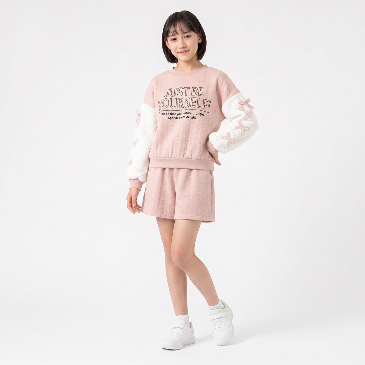 シャガード袖リボンスーツセットアップ キッズ 女の子 130cm-160cm(ピンク-130cm)