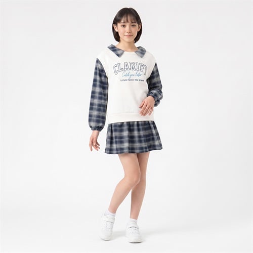 チェック布帛使いワンピース キッズ 女の子 130cm-160cm(キナリ-130cm)