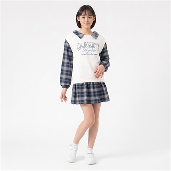 チェック布帛使いワンピース キッズ 女の子 130cm-160cm(キナリ-130cm)