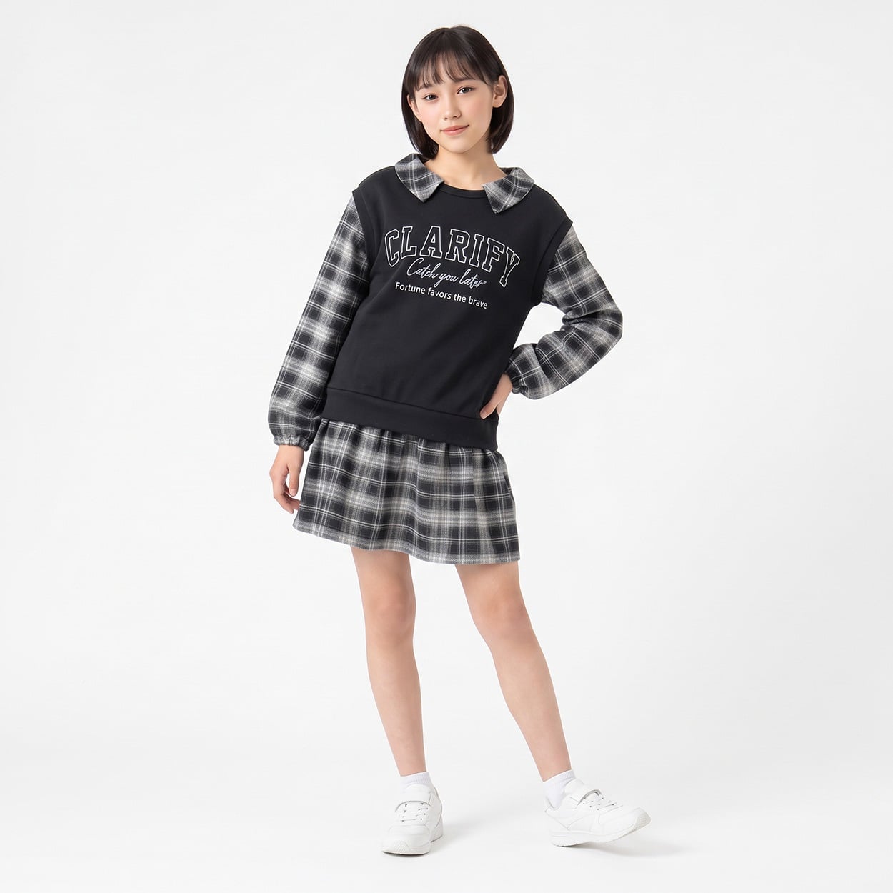 チェック布帛使いワンピース キッズ 女の子 130cm-160cm(ブラック-130cm)