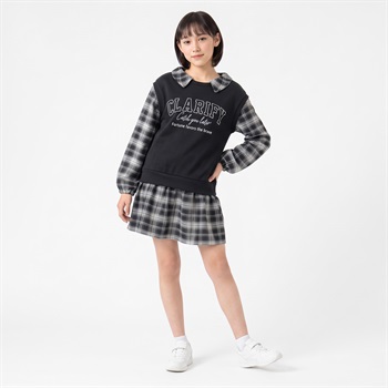 チェック布帛使いワンピース キッズ 女の子 130cm-160cm(ブラック-130cm)