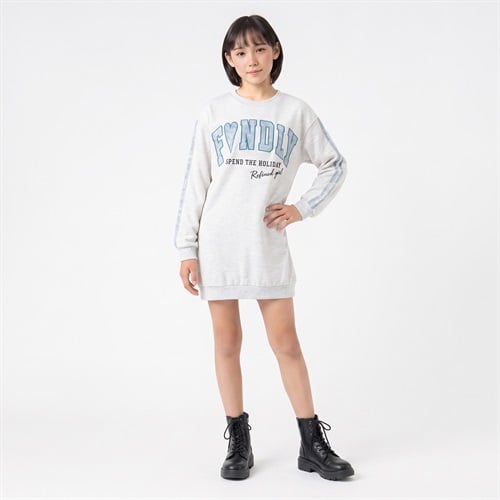 デニム風アップリケワンピース キッズ 女の子 130cm-160cm(ライトグレー-130cm)