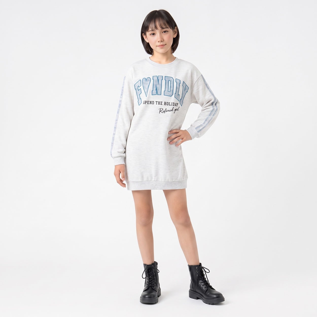 デニム風アップリケワンピース キッズ 女の子 130cm-160cm(ライトグレー-150cm)