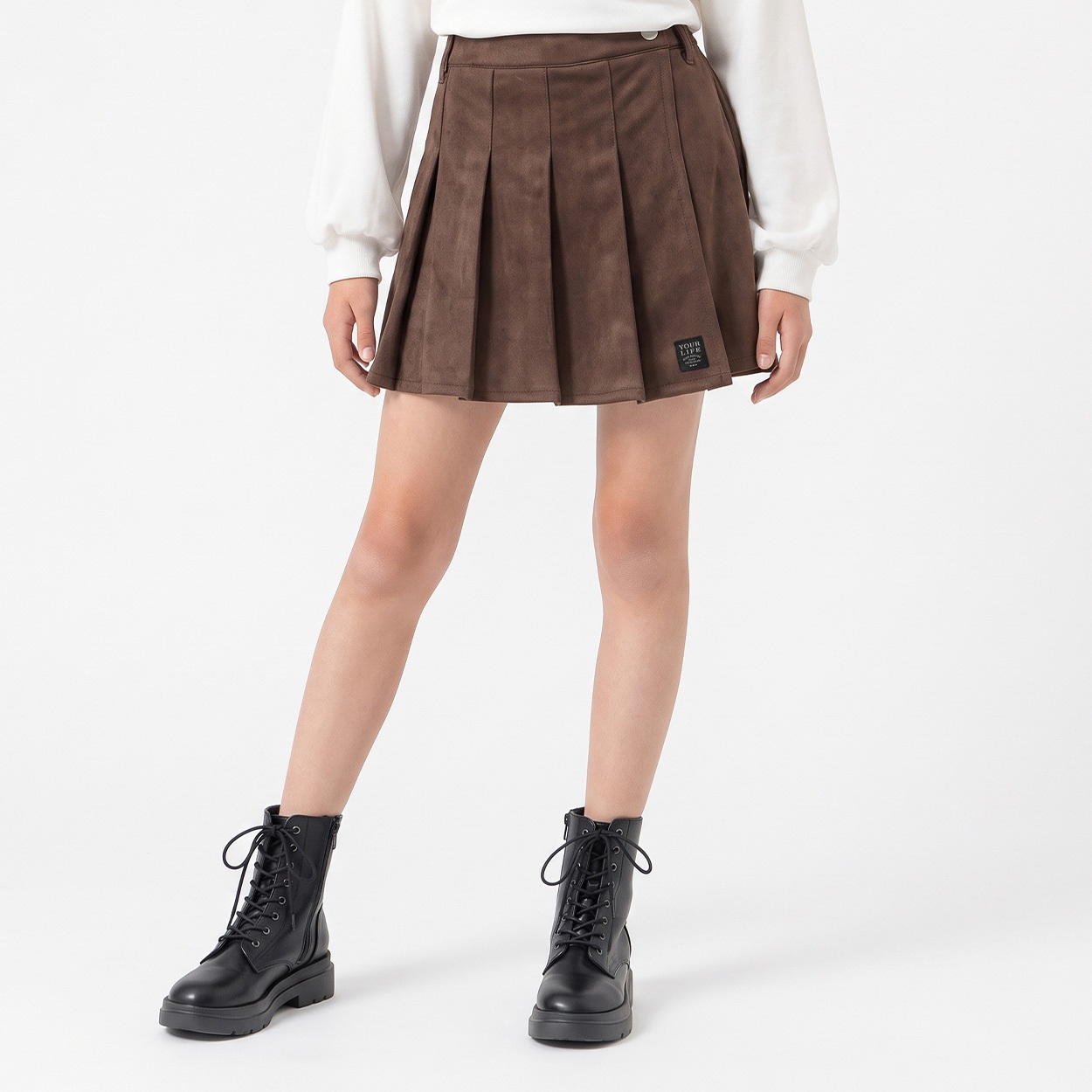 スウェードポンチプリーツスカパン キッズ 女の子 （130～160cm）(ブラウン-160cm)