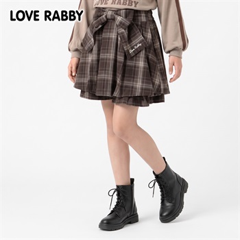 LOVERABBY(ラブラビ) チェック前リボンフリルスカパン キッズ 女の子 （130～160cm）(ブラウン-130cm)
