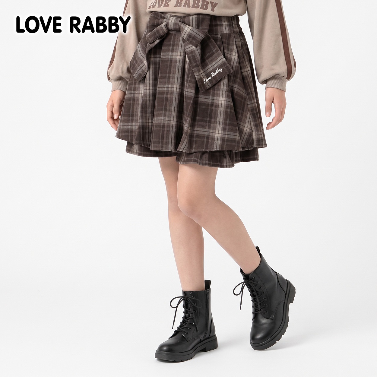 LOVERABBY(ラブラビ) チェック前リボンフリルスカパン キッズ 女の子 （130～160cm）(ブラウン-160cm)