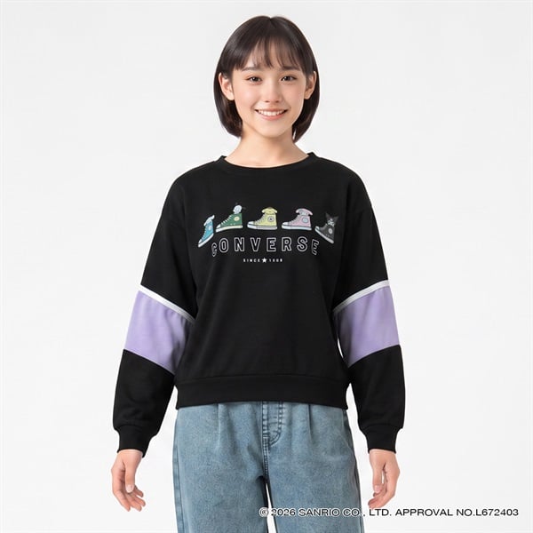 コンバース×サンリオキャラクターズ スニーカー柄長袖Tシャツ キッズ 女の子 130cm-160cm(ブラック-150cm)