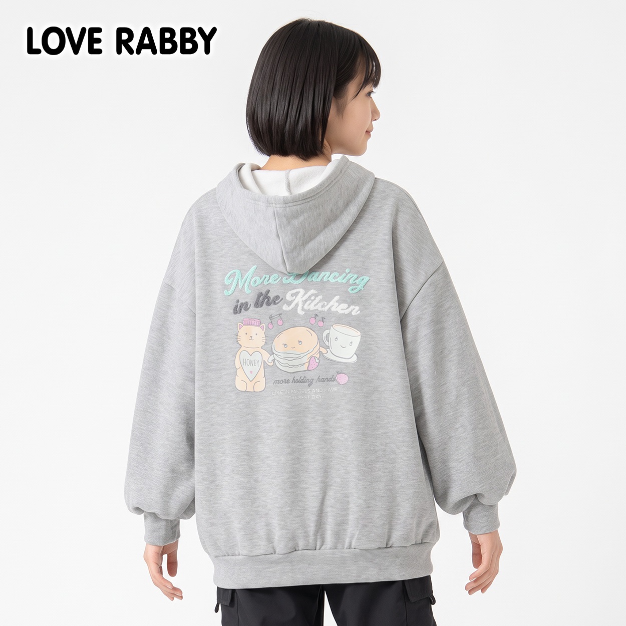 LOVERABBY(ラブラビ) 裏起毛バックサガラ刺しゅうパーカートレーナー キッズ 女の子 130cm-160cm(グレー-140cm)