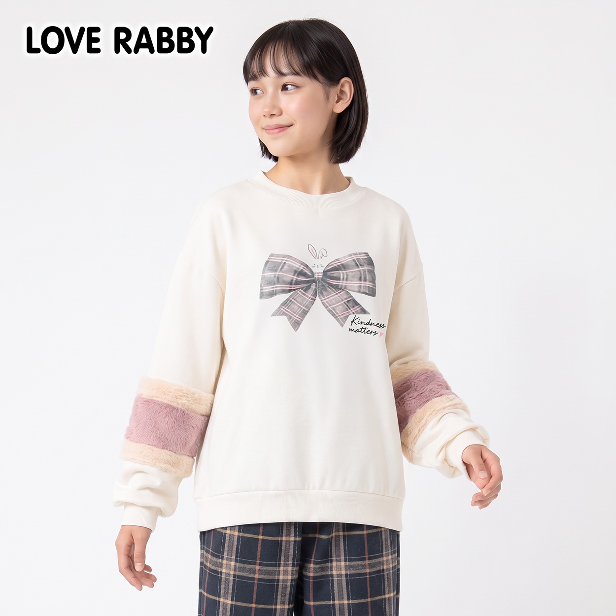LOVERABBY(ラブラビ) 裏起毛転写リボンプリントファー切替えトレーナー キッズ 女の子 130cm-160cm(オフホワイト-140cm)