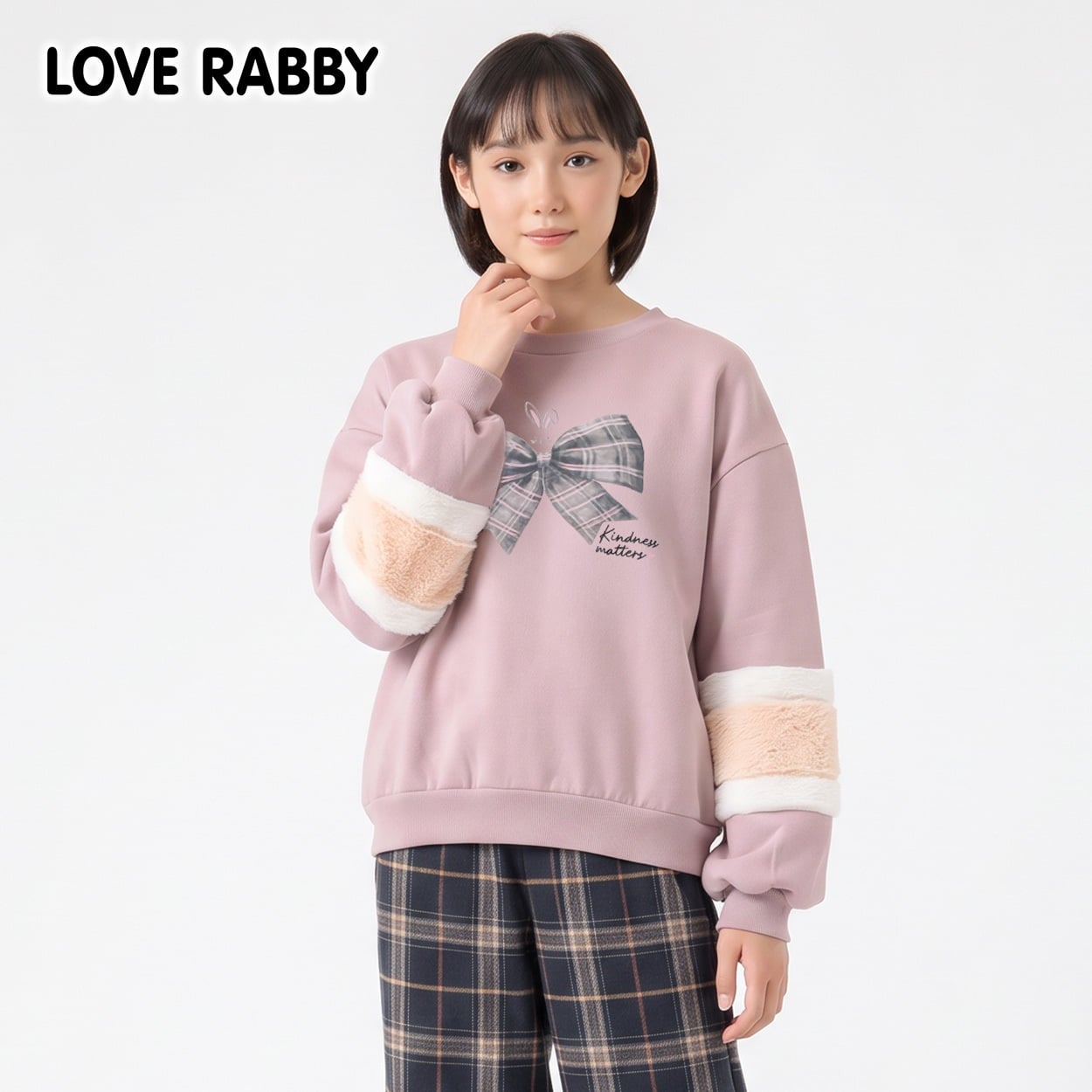 LOVERABBY(ラブラビ) 裏起毛転写リボンプリントファー切替えトレーナー キッズ 女の子 130cm-160cm(ピンク-160cm)