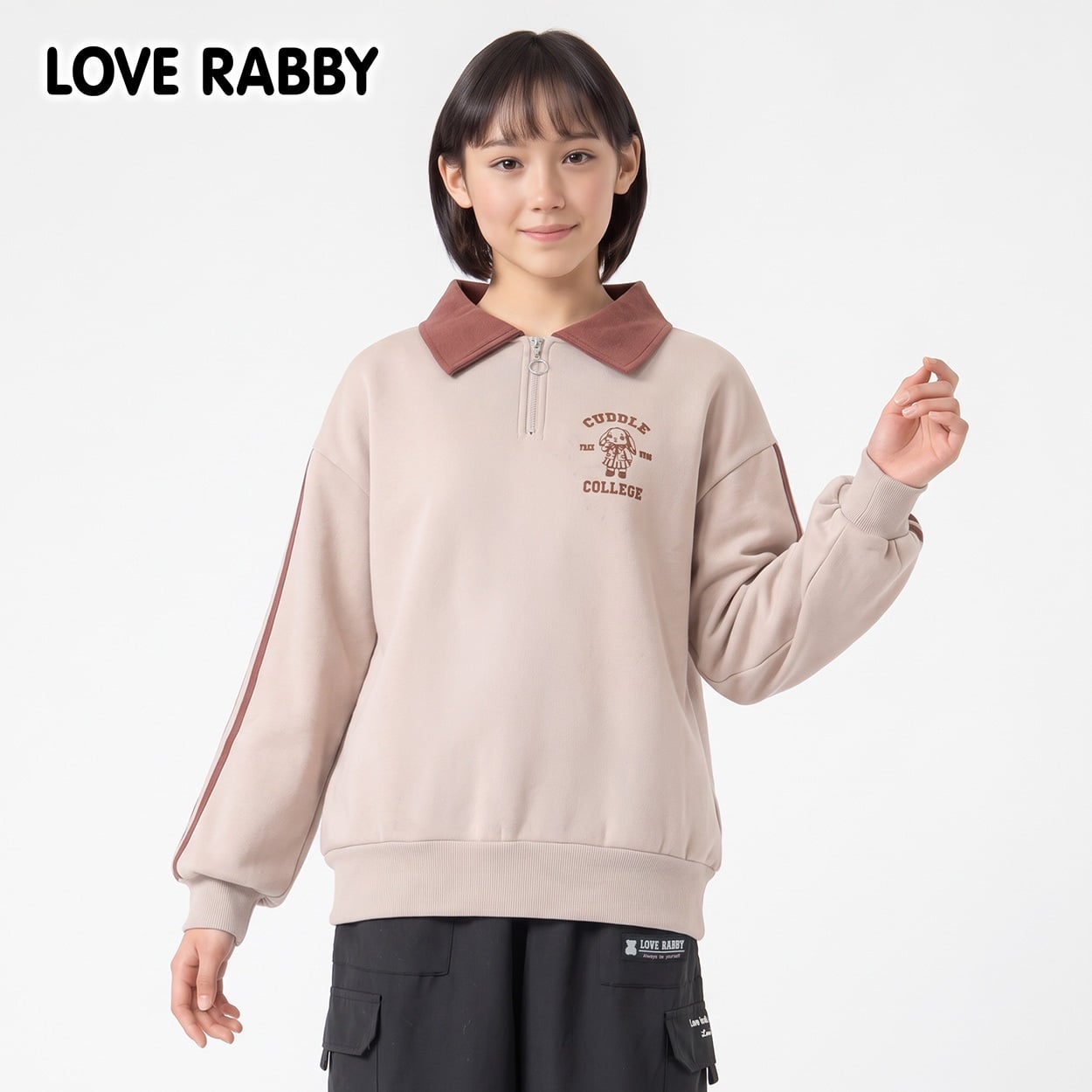 LOVERABBY(ラブラビ) 裏起毛袖ラインハーフジップトレーナー キッズ 女の子 130cm-160cm(ベージュ-150cm)