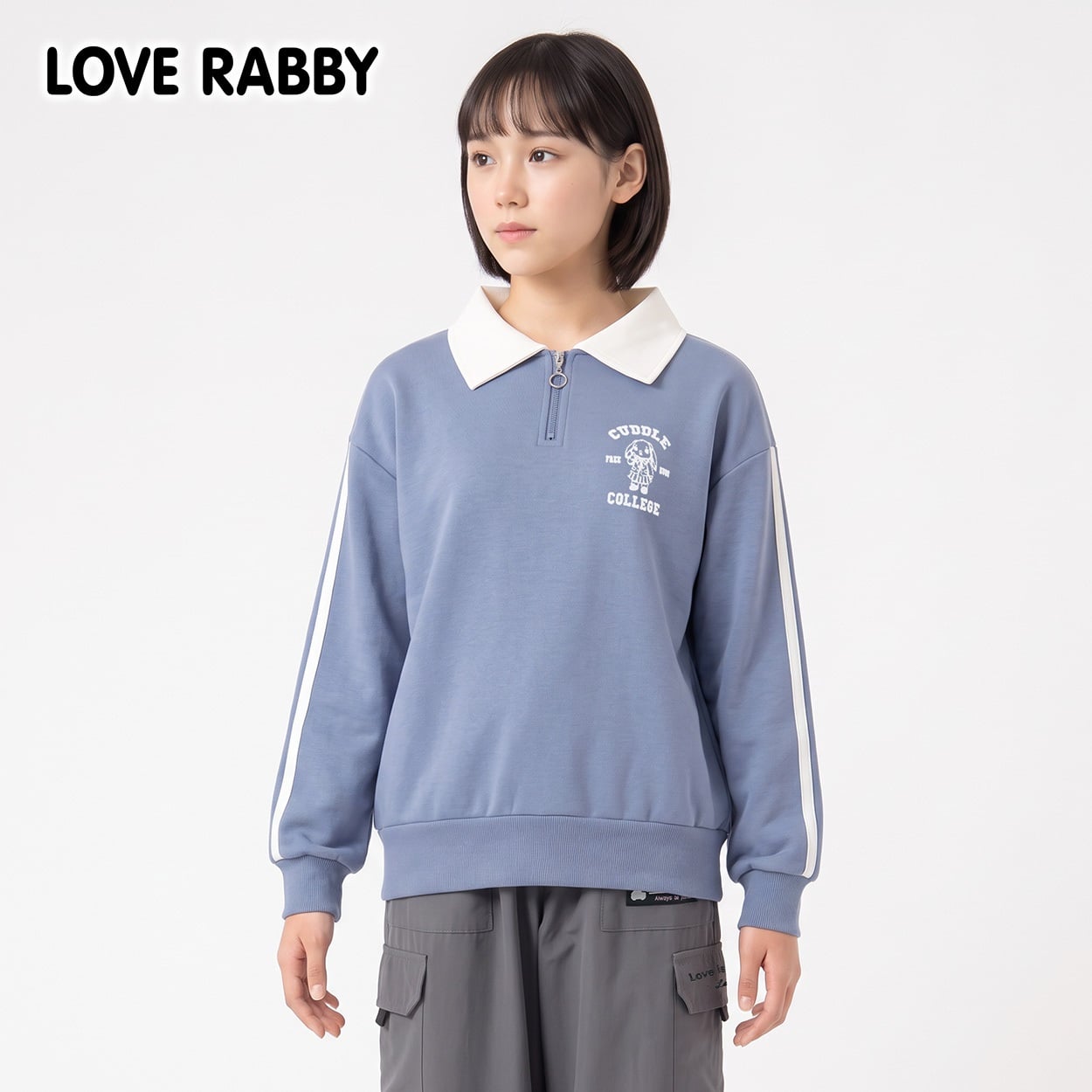 LOVERABBY(ラブラビ) 裏起毛袖ラインハーフジップトレーナー キッズ 女の子 130cm-160cm(ブルー-140cm)