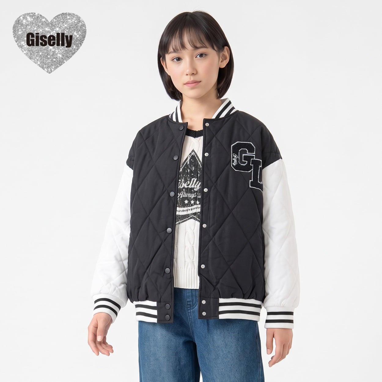 Giselly(ジゼリー) 中綿キルトスタジャン キッズ 女の子 130cm-160cm(ブラック-140cm)