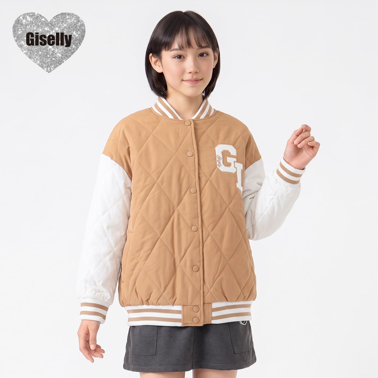 Giselly(ジゼリー) 中綿キルトスタジャン キッズ 女の子 130cm-160cm(ブラウン-150cm)