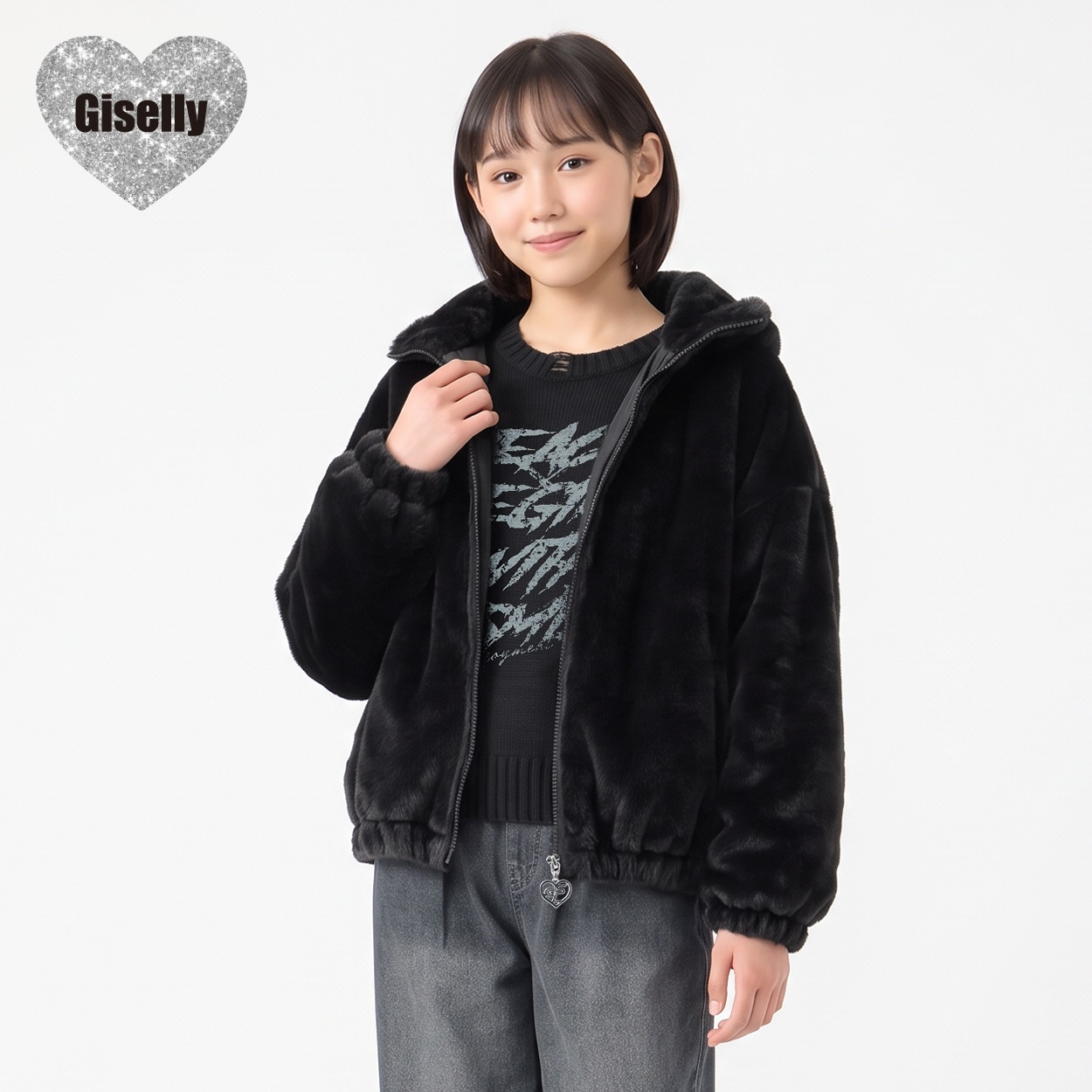 Giselly(ジゼリー) プードルファースタンドジャケット キッズ 女の子 130cm-160cm(ブラック-130cm)