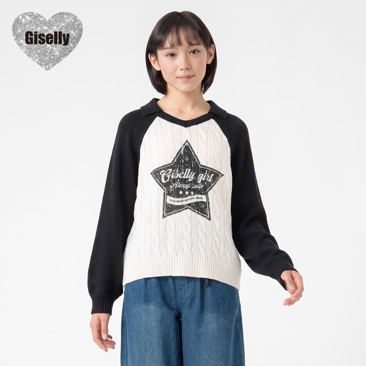 Giselly(ジゼリー) 衿付ケーブルニット キッズ 女の子 130cm-160cm(ホワイト-140cm)
