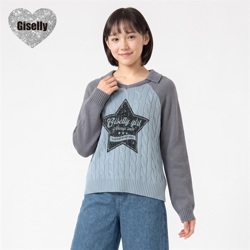 Giselly(ジゼリー) 衿付ケーブルニット キッズ 女の子 130cm-160cm(サックス-130cm)