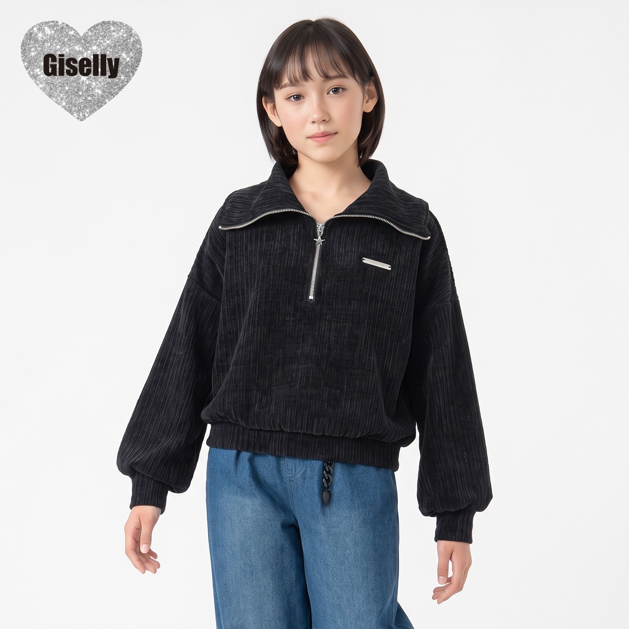 Giselly(ジゼリー) Giselly（ジゼリー）衿付ハーフZIPニット キッズ 女の子 130cm-160cm(ブラック-130cm)