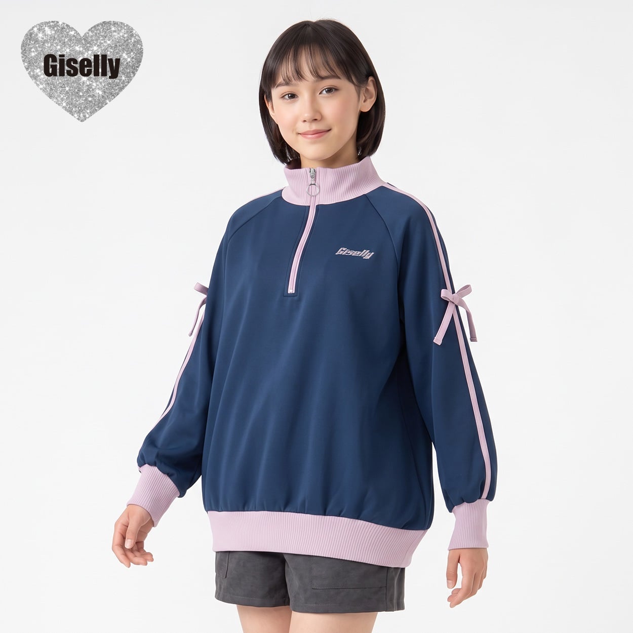Giselly(ジゼリー) ハーフZIPトレーナー キッズ 女の子 130cm-160cm(ネイビー-130cm)