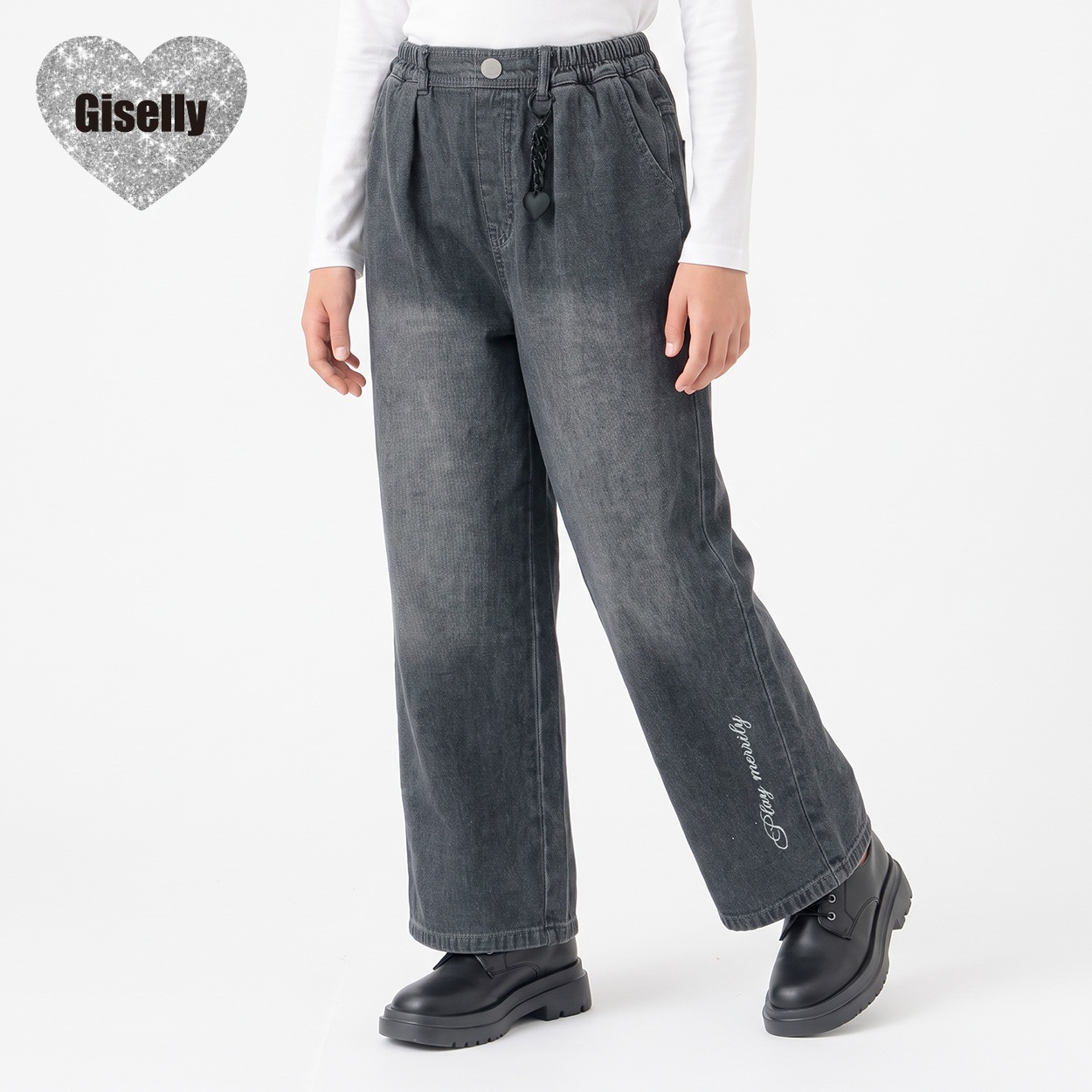Giselly(ジゼリー) 裏起毛ワイドデニムパンツ キッズ 女の子 130cm-160cm(グレー-140cm)