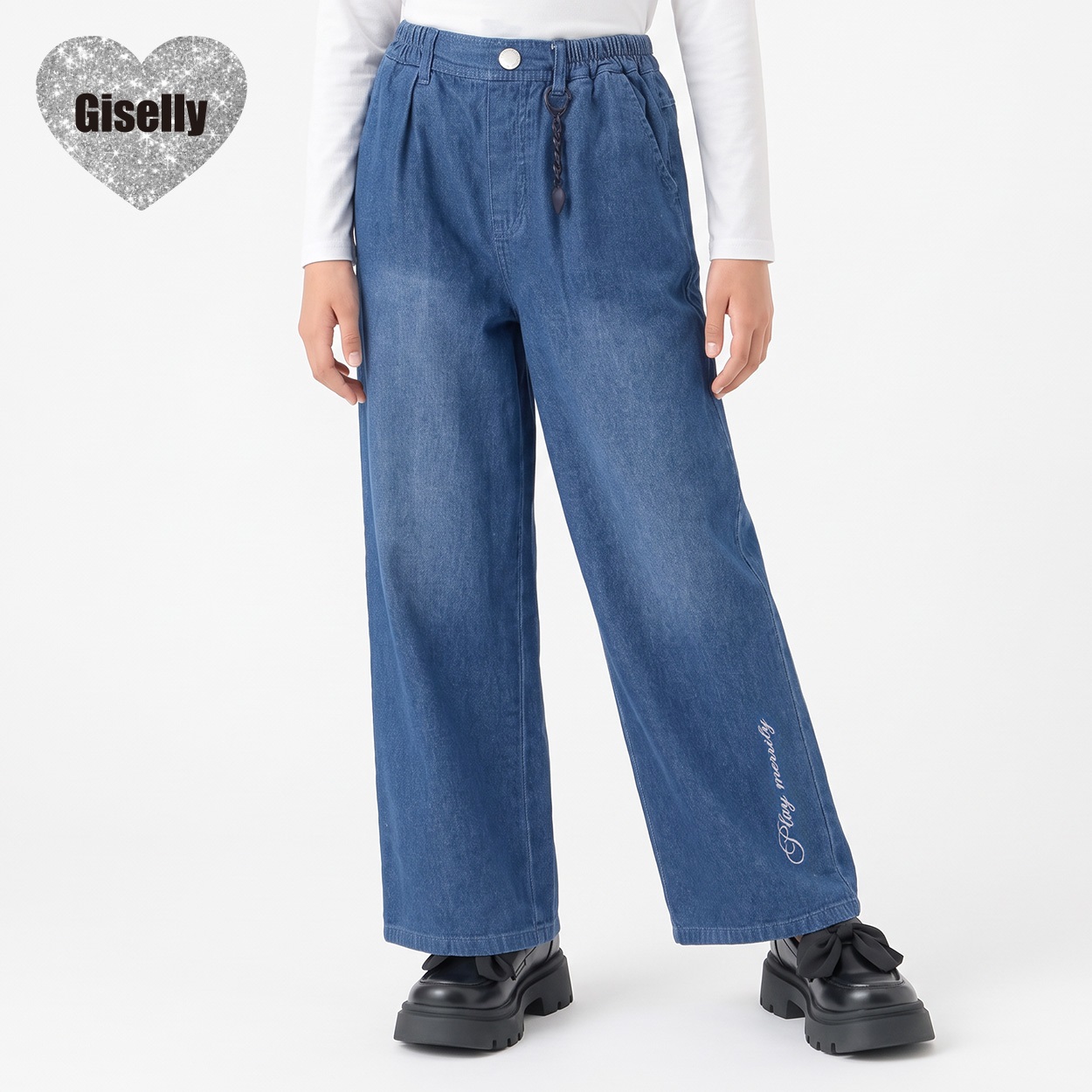 Giselly(ジゼリー) 裏起毛ワイドデニムパンツ キッズ 女の子 130cm-160cm(ブルー-150cm)