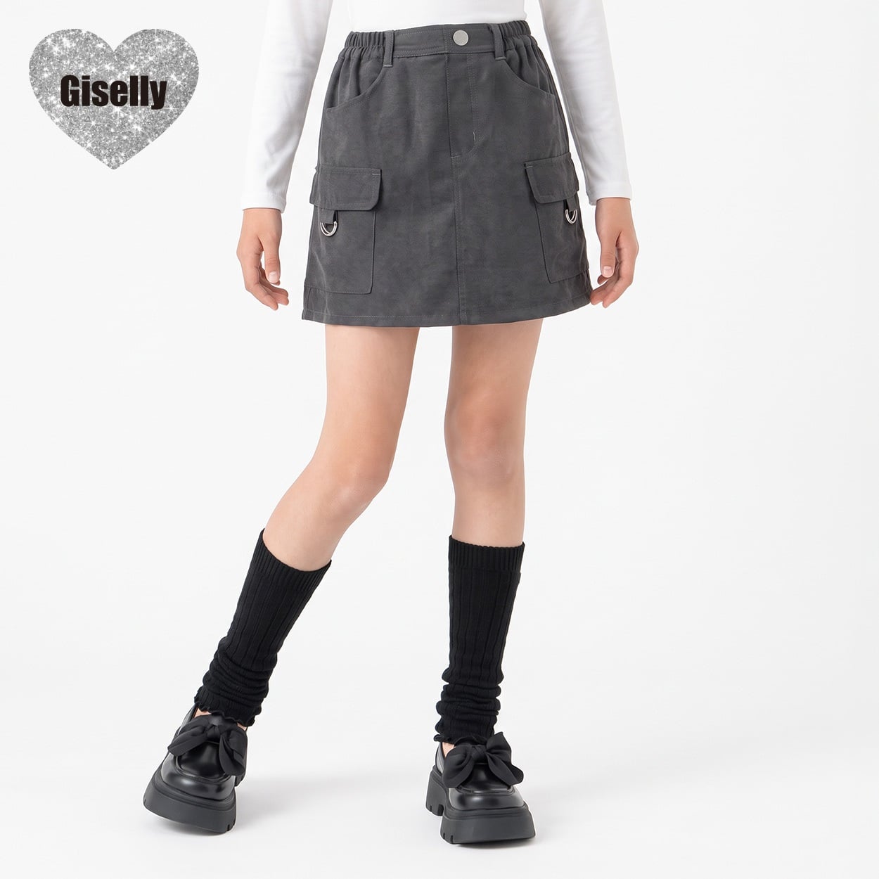 Giselly(ジゼリー) サテンカーゴミニスカート キッズ 女の子 130cm-160cm(ブラック-130cm)