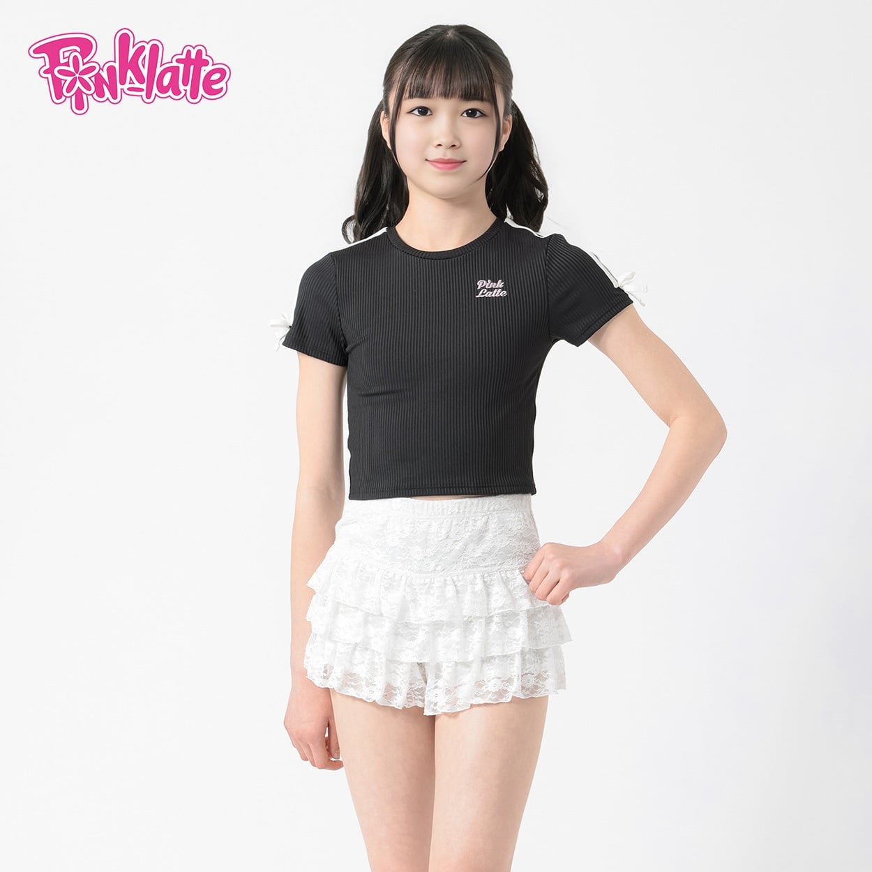 PINK-latte(ピンクラテ) レースパンツ水着3点セット 小学生 中学生 水着 女の子 キッズ 140cm-170cm(ブラック-140cm)