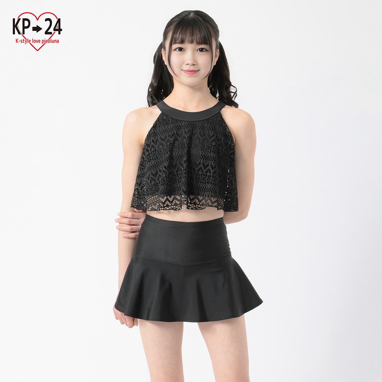 KP24 レーストップス水着2点セット 女の子 キッズ 140cm-170cm(ブラック-150cm)
