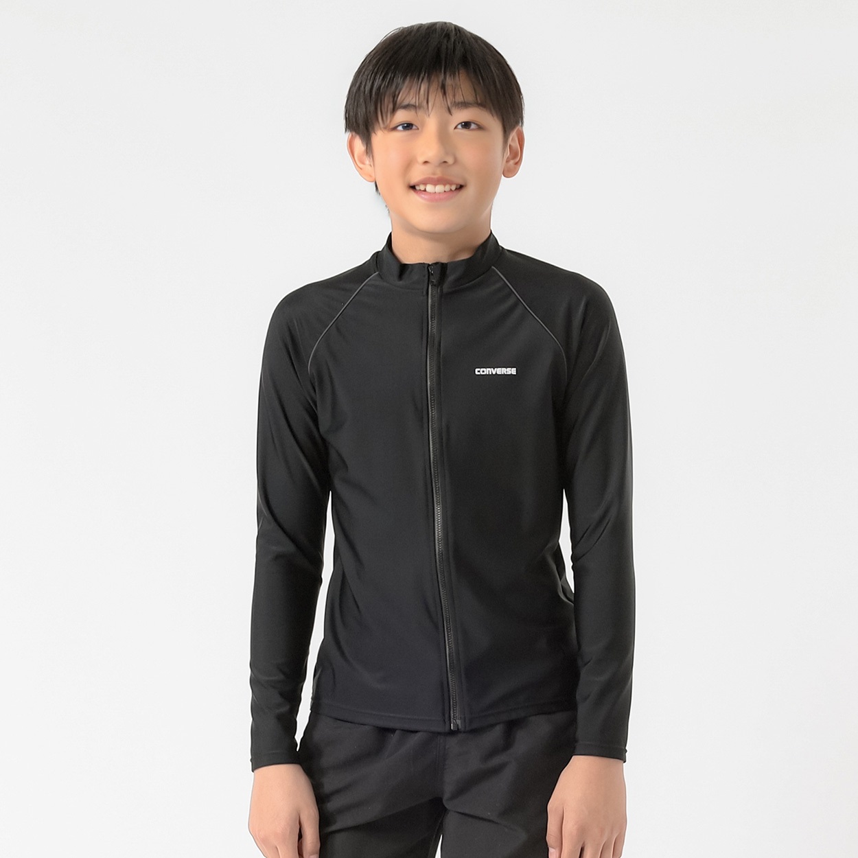 スクール水着 CONVERSE(コンバース) スクール長袖ジップラッシュガード キッズ 130cm-170cm(ブラック-140cm)