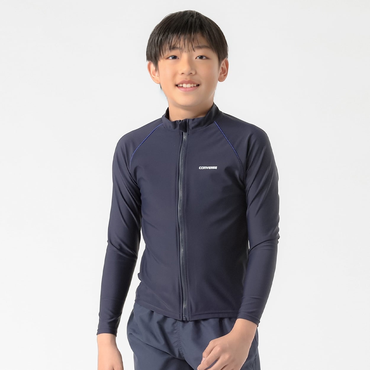 スクール水着 CONVERSE(コンバース) スクール長袖ジップラッシュガード キッズ 130cm-170cm(ネイビー-130cm)