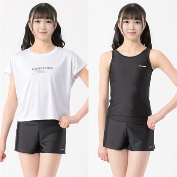 コンバース オンスクTシャツ付3点セット水着 女の子 キッズ 140cm-170cm(ブラック-140cm)