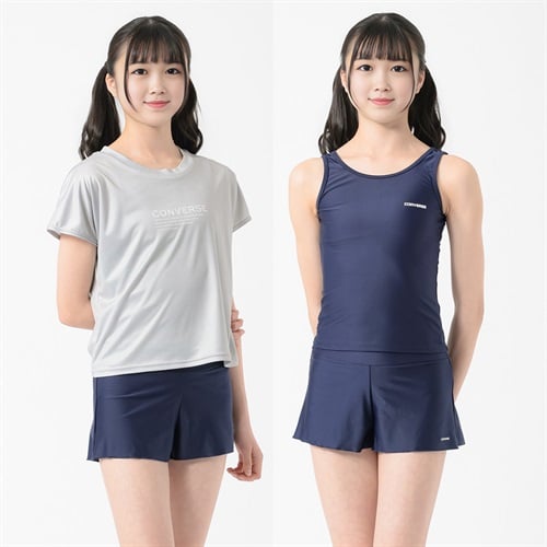 コンバース オンスクTシャツ付3点セット水着 女の子 キッズ 140cm-170cm(ネイビー-140cm)