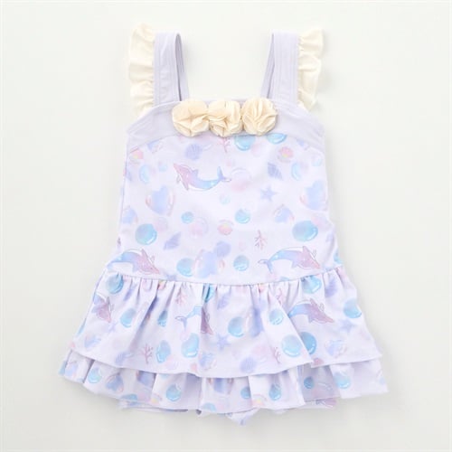 ゆめかわ日和ドルフィン柄水着 小学生 水着 女の子 キッズ 100cm-130cm(ラベンダー-100cm)