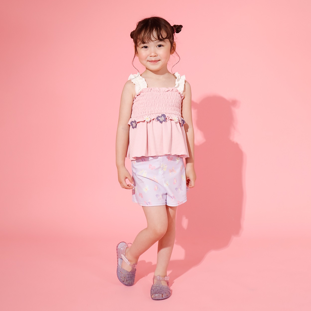 ゆめかわ日和チョウ柄セパレート水着 女の子 キッズ 100cm-130cm(ピンク-130cm)