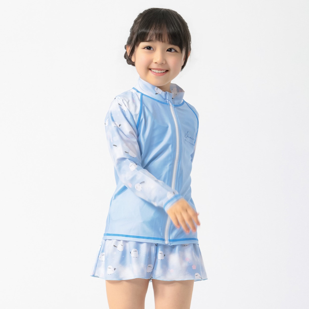 水着 シマエナガ 長袖ラッシュガード 女の子 紫外線対策 キッズ 110cm-130cm(ブルー-110cm)