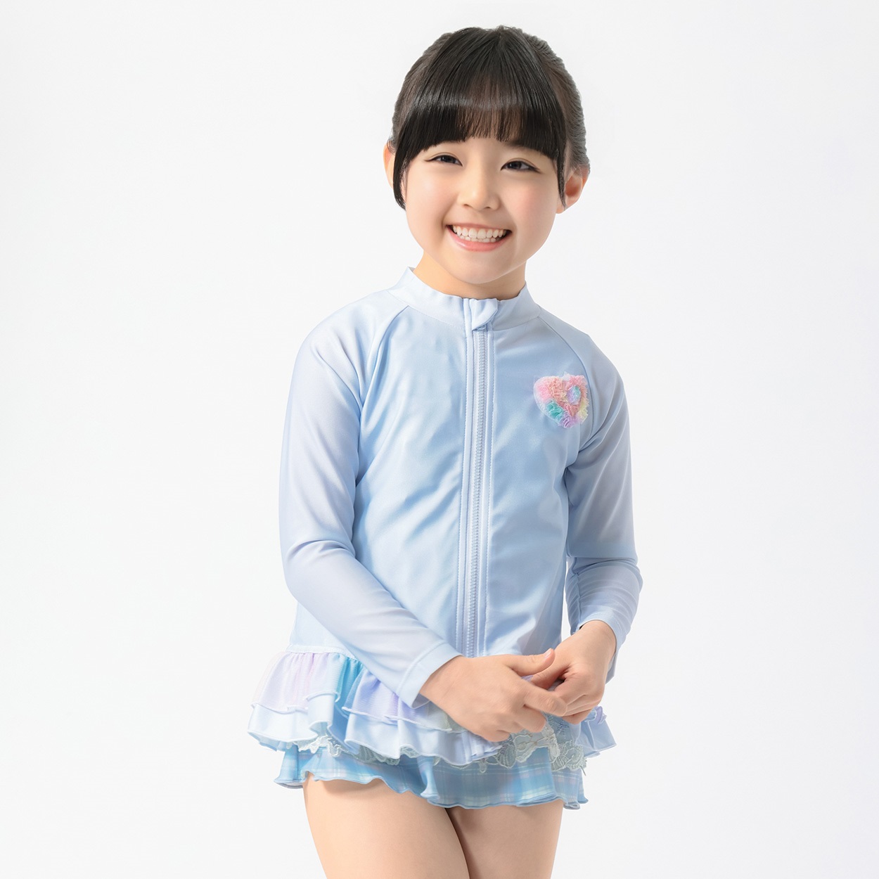 ハートモチーフラッシュガード 女の子 キッズ 110cm-130cm(サックス-120cm)