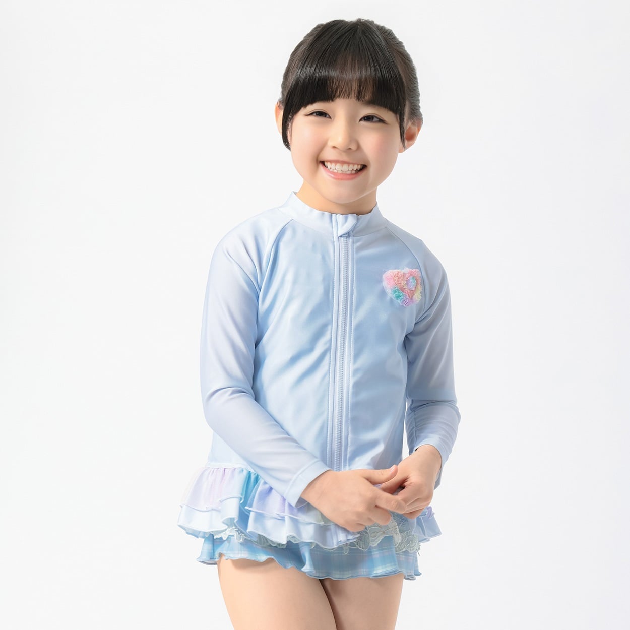 ハートモチーフラッシュガード 女の子 キッズ 110cm-130cm(サックス-130cm)