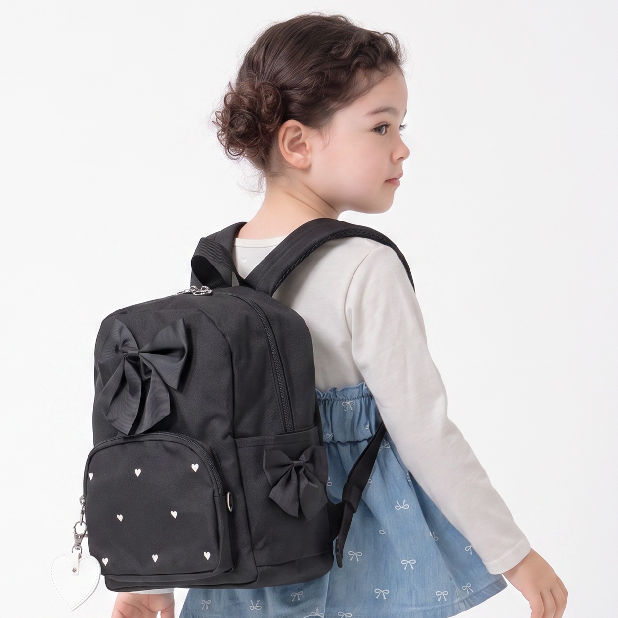 Marble Line リボン付きハート柄ポケットリュック キッズ 女の子(ブラック-L)