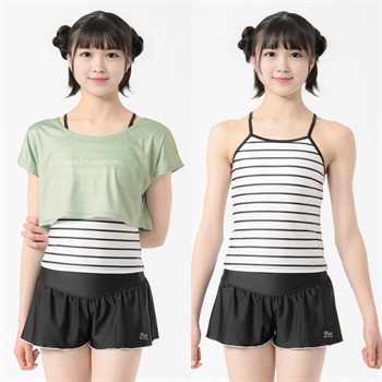 BEACH♥MEMORY(ビーチメモリー) ボーダータンキニＴ付３点セット水着 小学生 中学生 水着 女の子 キッズ 140cm-160cm(グリーン-140cm)