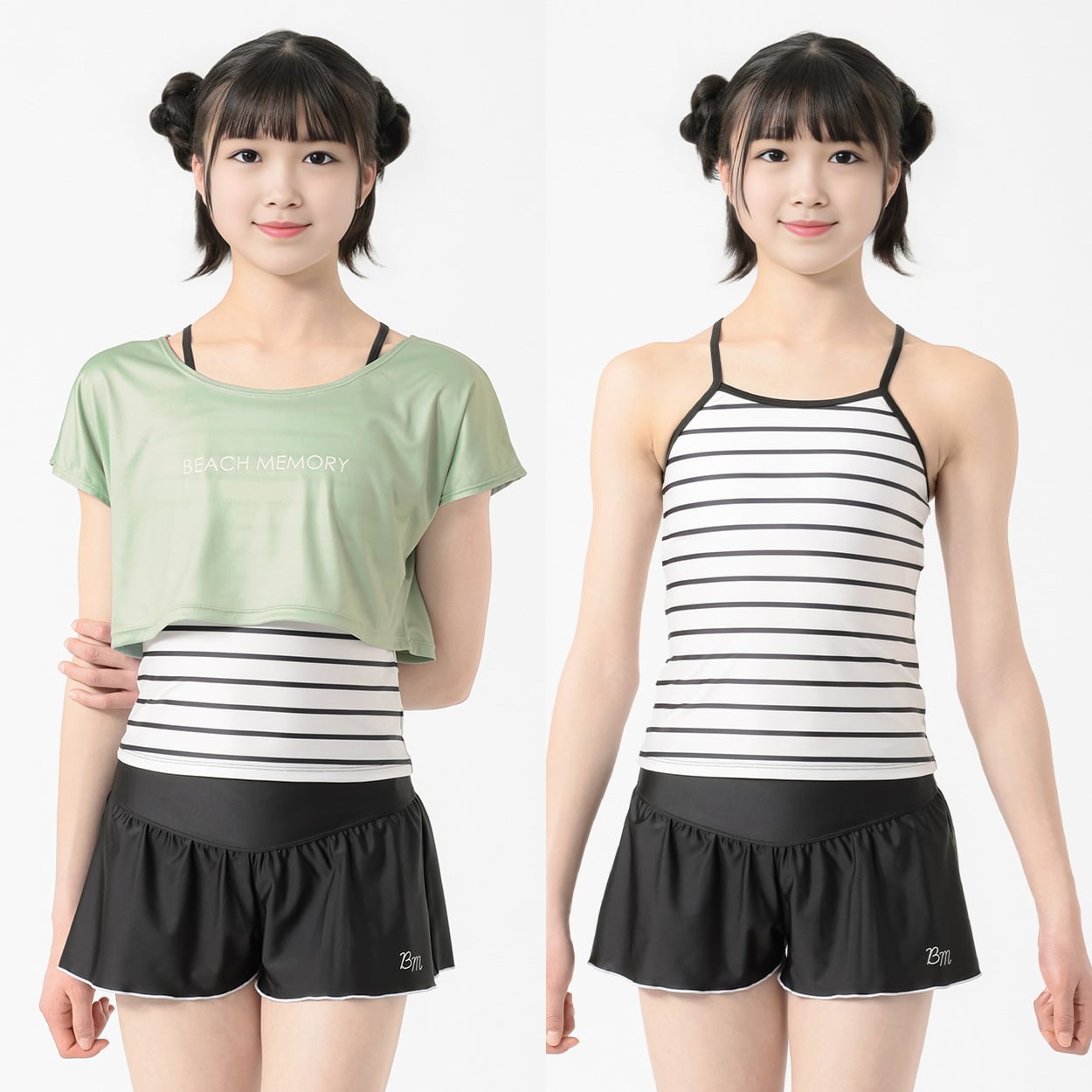 BEACH♥MEMORY(ビーチメモリー) ボーダータンキニＴ付３点セット水着 小学生 中学生 水着 女の子 キッズ 140cm-160cm(グリーン-150cm)